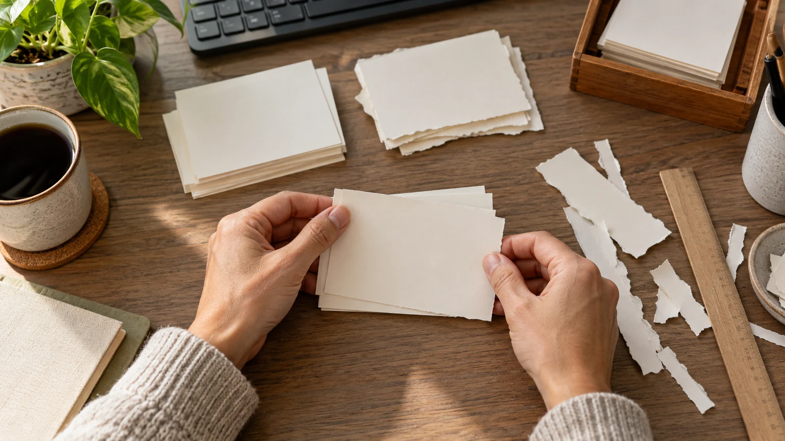 Manos ordenando tarjetas sin texto