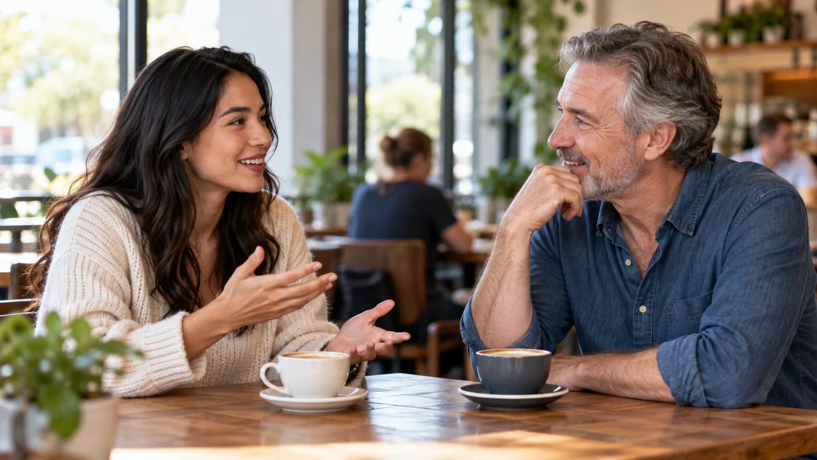 Dos adultos conversan mientras se presentan en una cafetería.