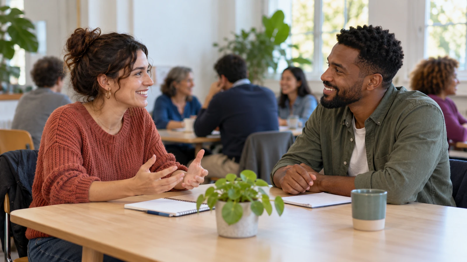 Dos adultos conversando durante una presentación en una mesa de estudio.