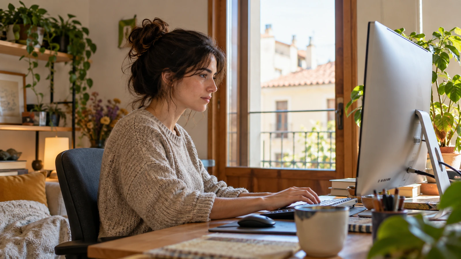Mujer escribiendo en un teclado durante una práctica de programación.