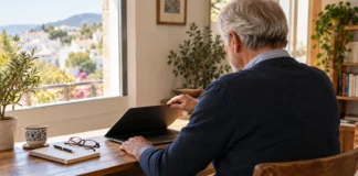 Prepara tu herramienta y tu primera conversación Un hombre prepara su primera sesión de trabajo con un portátil y un cuaderno.