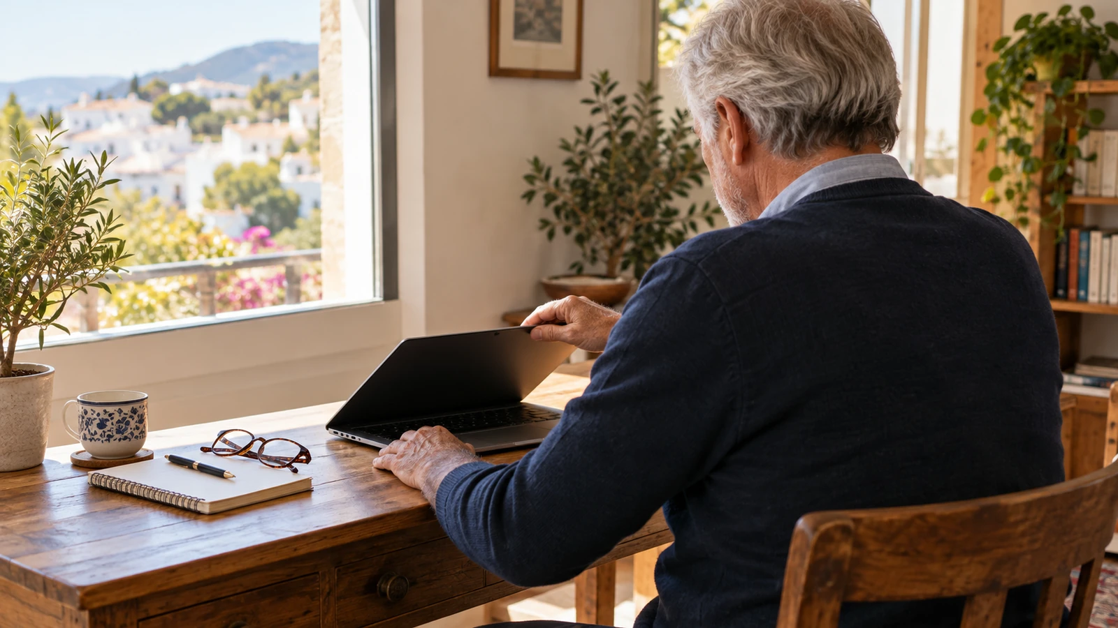 Un hombre prepara su primera sesión de trabajo con un portátil y un cuaderno.