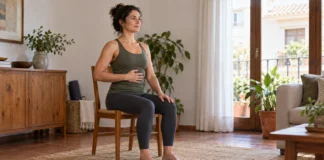 Mujer sentada con una mano suave sobre las costillas observando su respiración