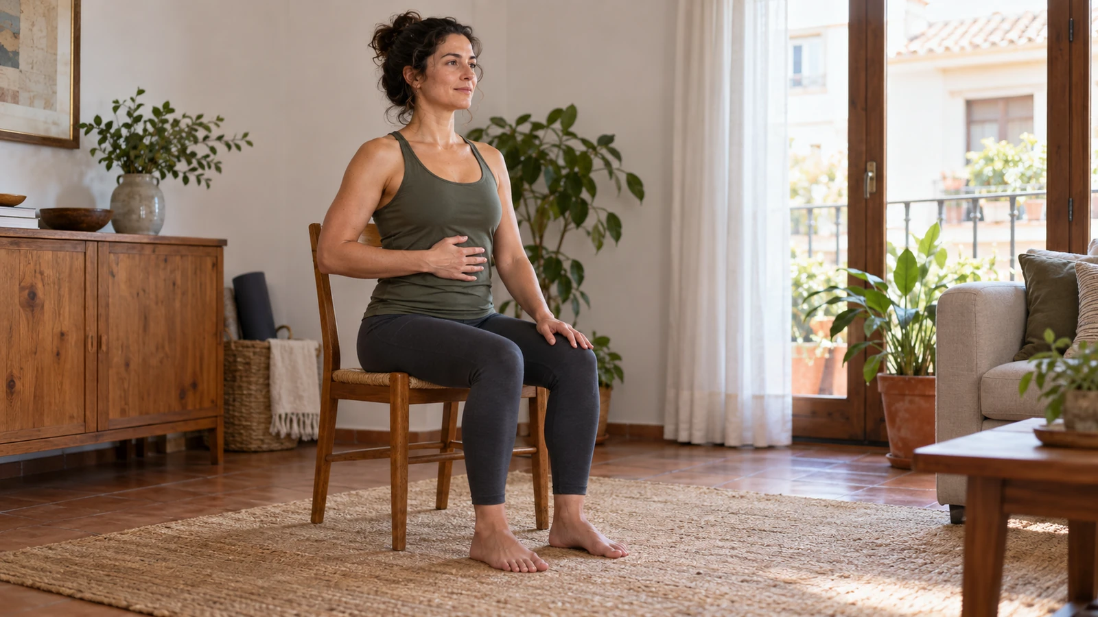 Mujer sentada con una mano suave sobre las costillas observando su respiración