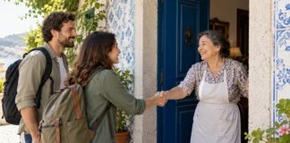 Saluda, preséntate y trata con cortesía Dos viajeros saludan a una anfitriona en una entrada con azulejos portugueses.