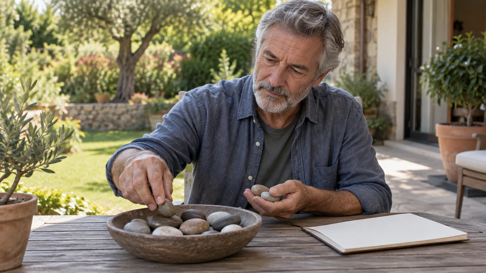 Un hombre selecciona piedras sobre una mesa de jardín.