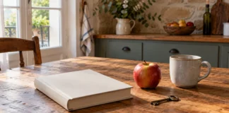 Nombrar objetos con artículos y plurales Libro, llave, manzana y taza sobre una mesa de madera.