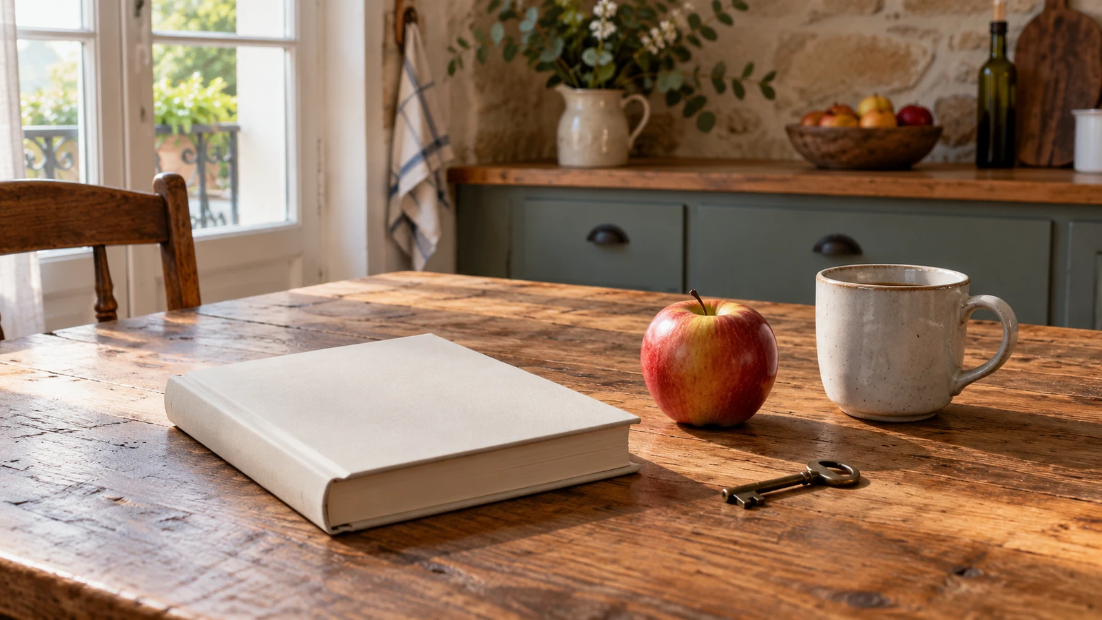 Libro, llave, manzana y taza sobre una mesa de madera.