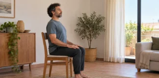 Hombre sentado en una silla realizando un movimiento suave de hombros