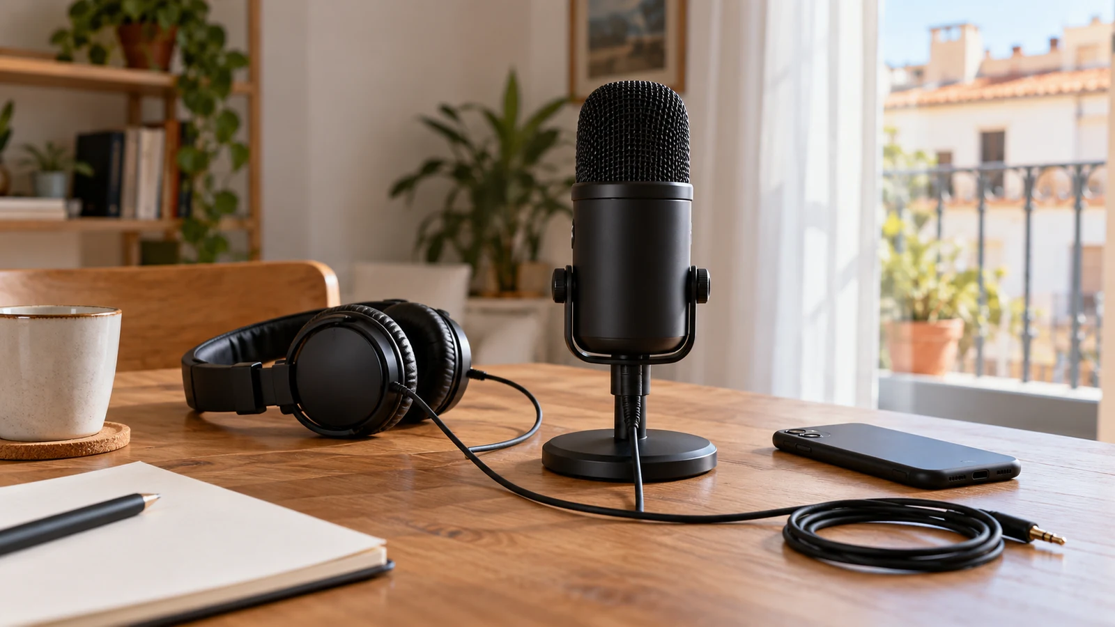 Micrófono USB, auriculares y cables organizados sobre una mesa.
