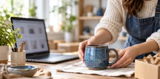 Crea una ficha de producto que permita comprar Taza azul colocada junto a un ordenador para preparar su ficha de producto.