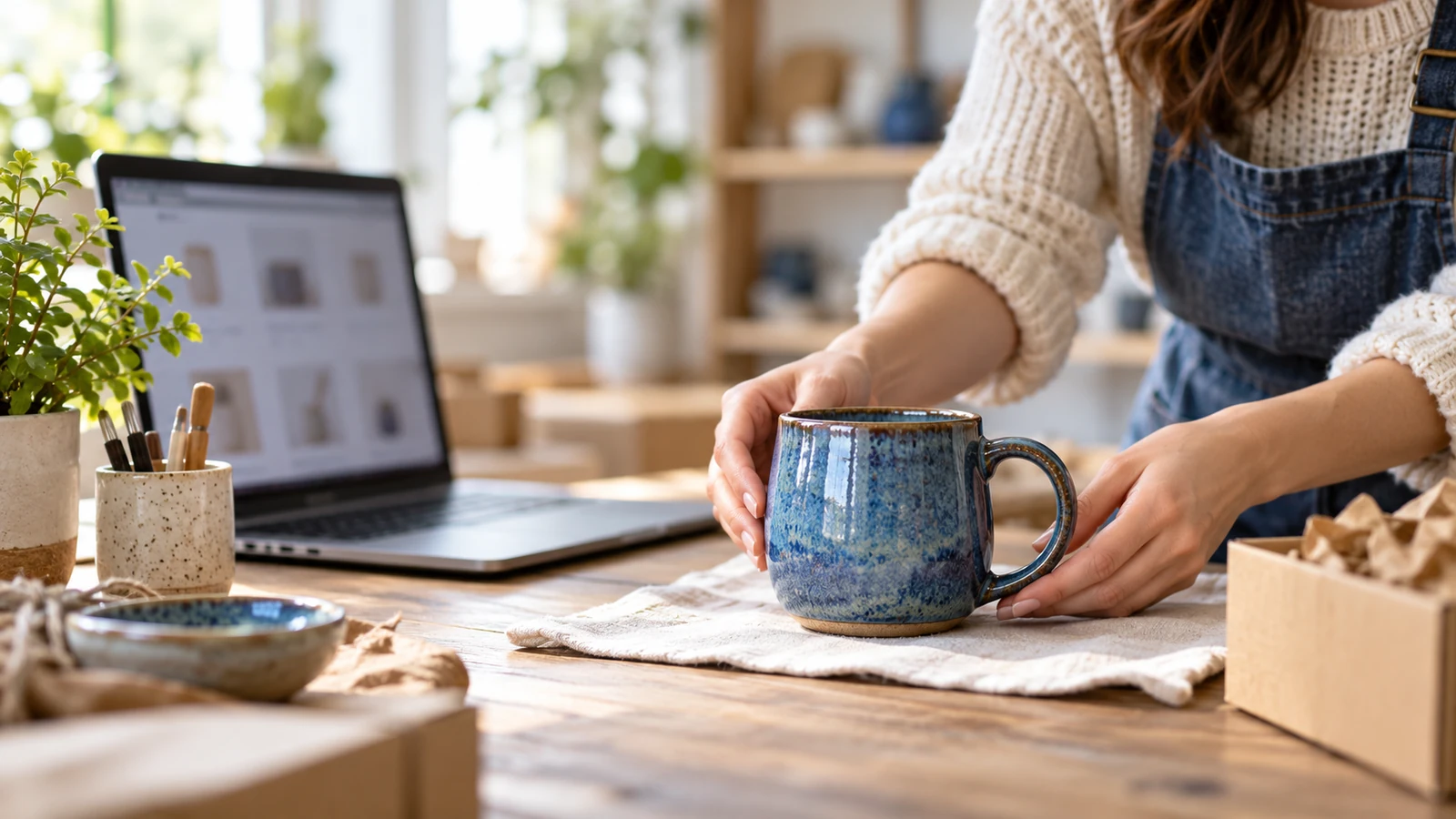Taza azul colocada junto a un ordenador para preparar su ficha de producto.