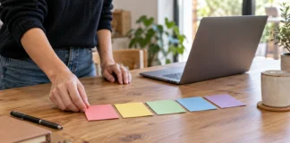 Escribe instrucciones claras y completas Una persona ordena cinco tarjetas de colores para estructurar una petición.