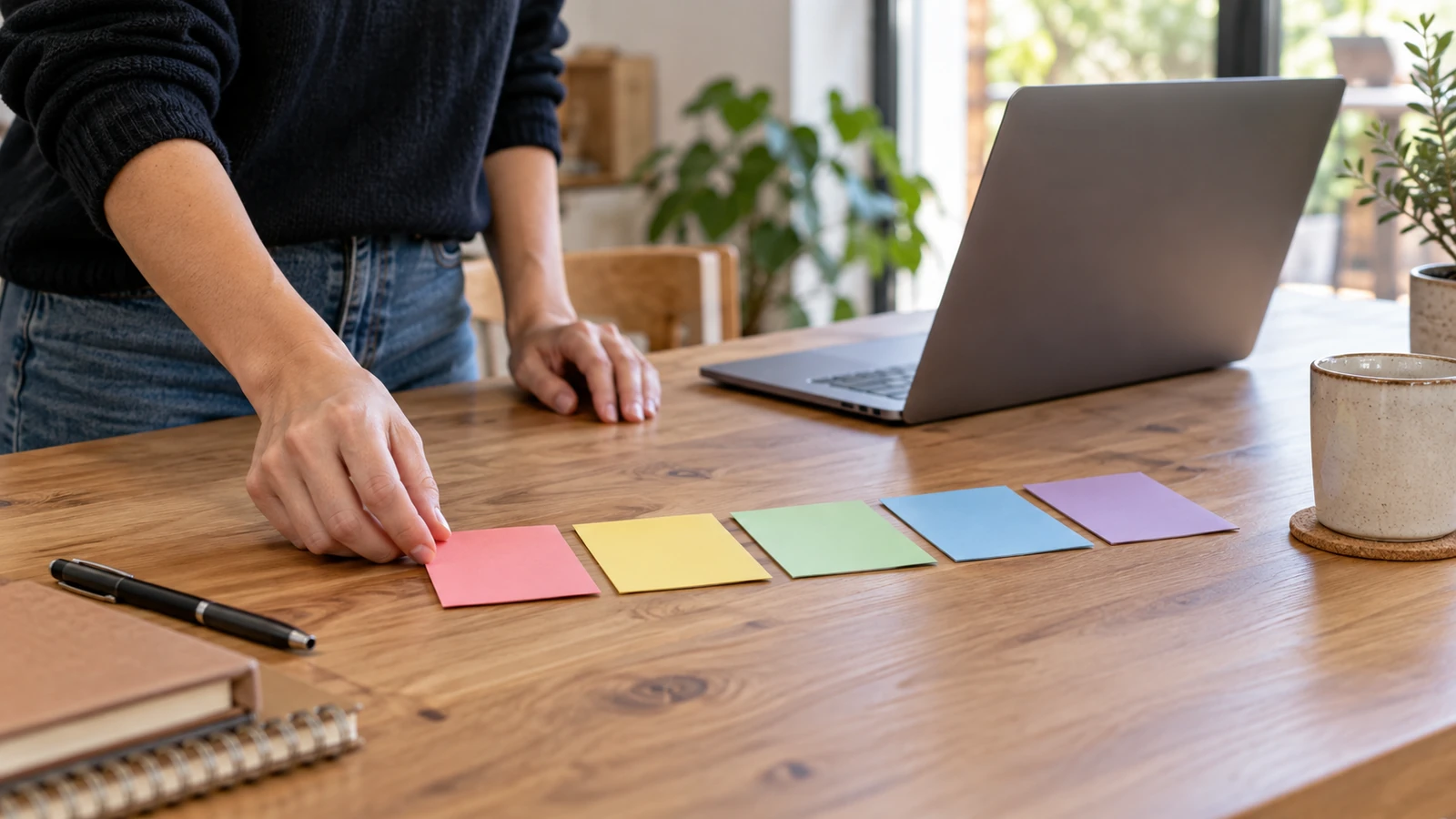 Una persona ordena cinco tarjetas de colores para estructurar una petición.