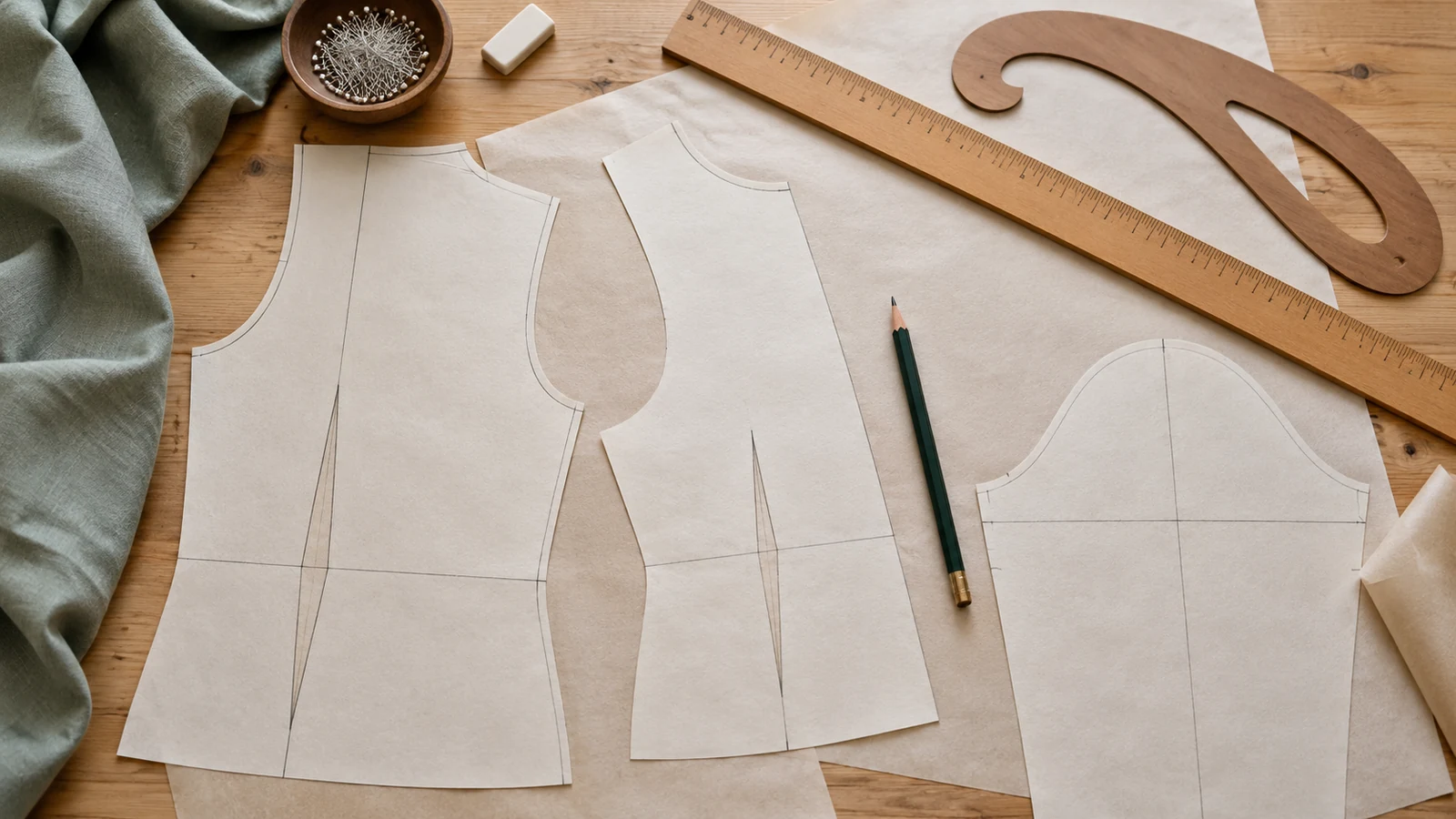 Piezas de patrón sobre papel con reglas y lápiz.