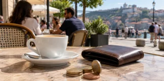 Entiende números, cantidades y precios Monedas, una cartera y una taza de café sobre la mesa de una terraza portuguesa.