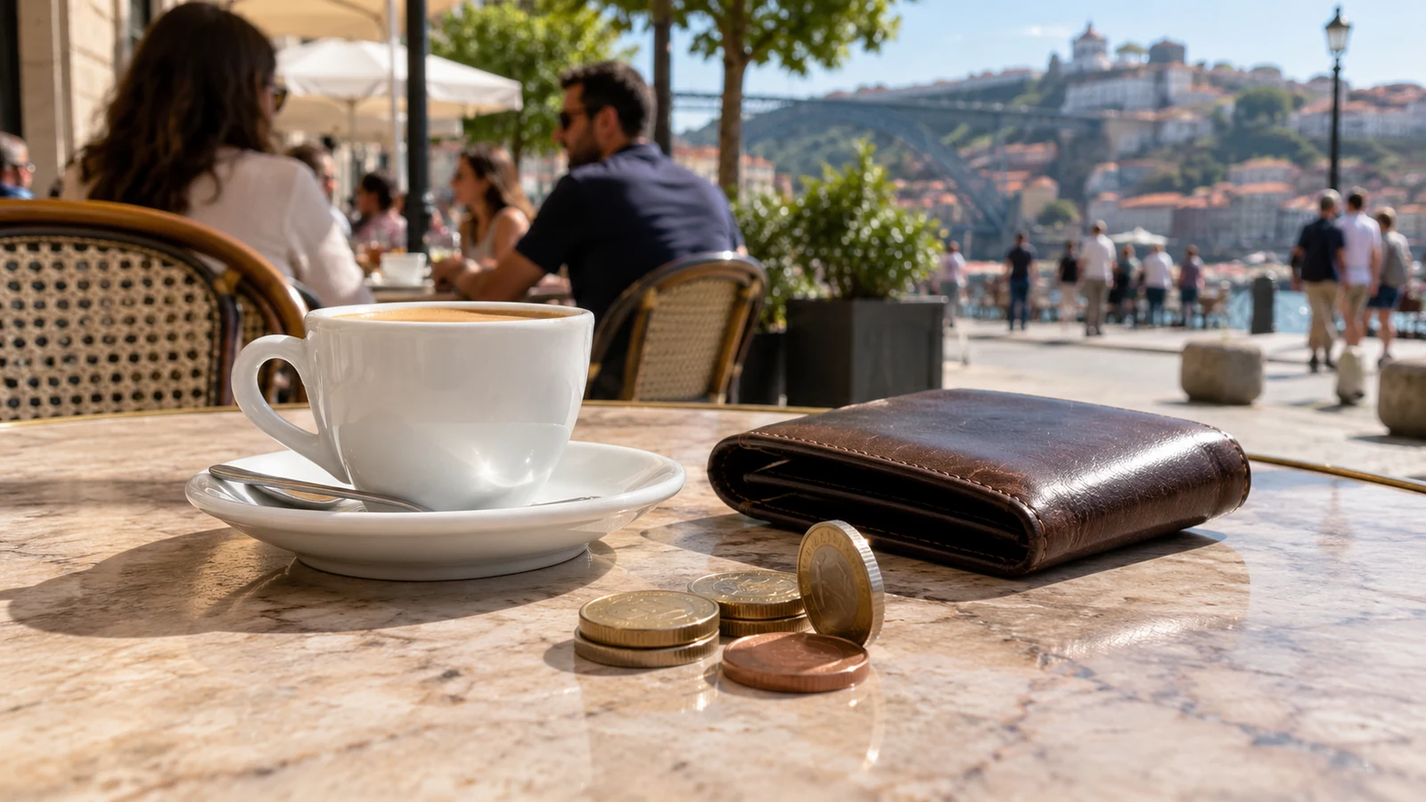 Monedas, una cartera y una taza de café sobre la mesa de una terraza portuguesa.