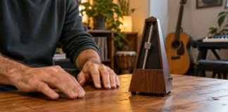 Pulso, compases y una idea musical Manos marcando el pulso junto a un metrónomo sobre una mesa de madera.