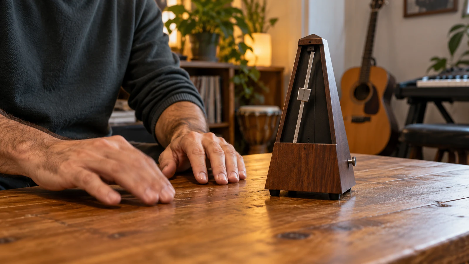 Manos marcando el pulso junto a un metrónomo sobre una mesa de madera.