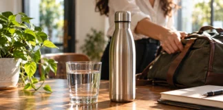 Convierte características en beneficios concretos Botella metálica y vaso de agua junto a una bolsa de uso cotidiano.