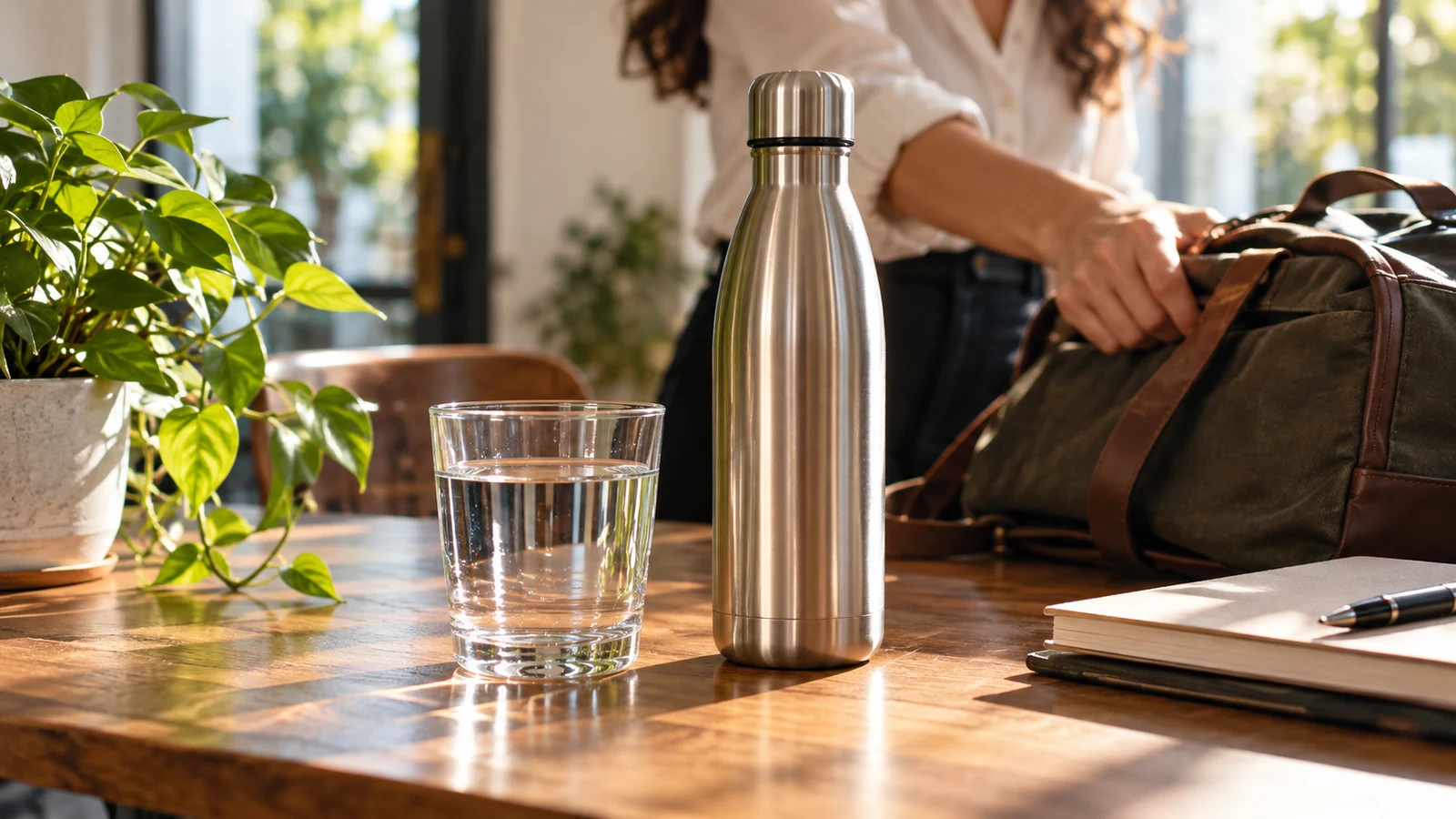 Botella metálica y vaso de agua junto a una bolsa de uso cotidiano.