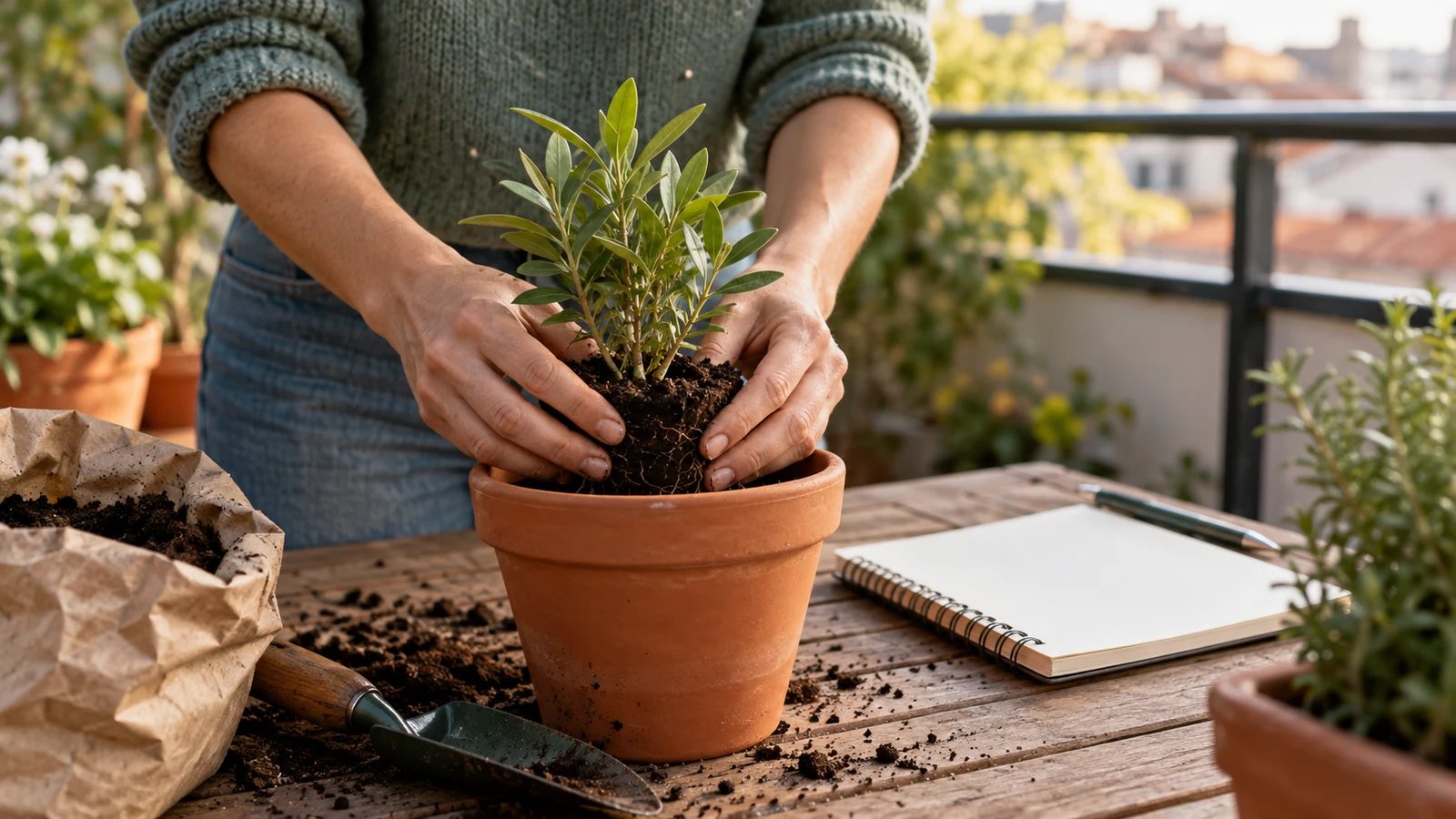Unas manos preparan una maceta con una planta pequeña.