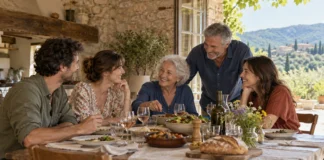 Hablar de tu familia y de lo que tienes Familia de varias generaciones reunida alrededor de una mesa.