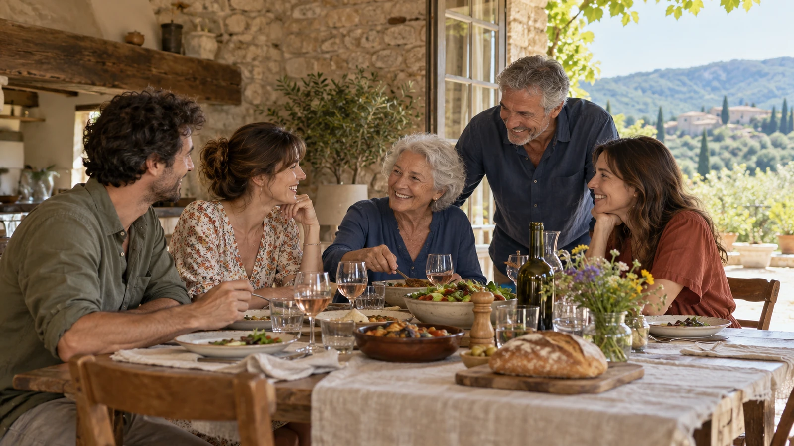 Familia de varias generaciones reunida alrededor de una mesa.