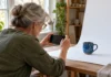 Haz fotografías y escribe una descripción útil Mujer fotografiando una taza con el móvil junto a una ventana.