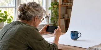 Haz fotografías y escribe una descripción útil Mujer fotografiando una taza con el móvil junto a una ventana.