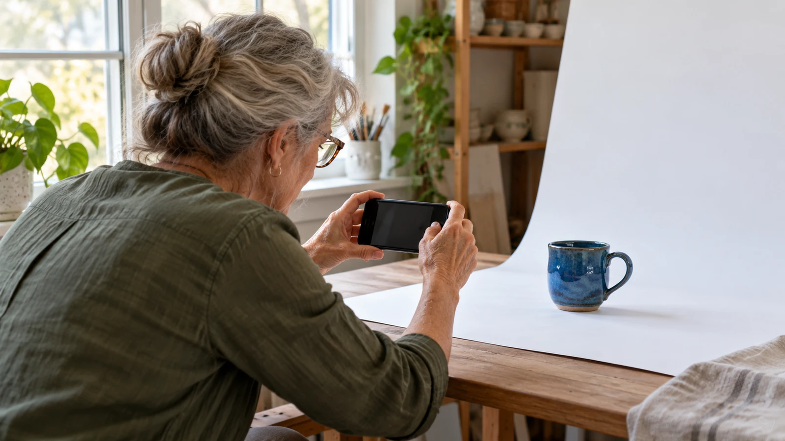 Mujer fotografiando una taza con el móvil junto a una ventana.