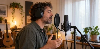 Grabar voz y sonidos de casa Hombre grabando voz con micrófono, filtro antipop y auriculares en casa.