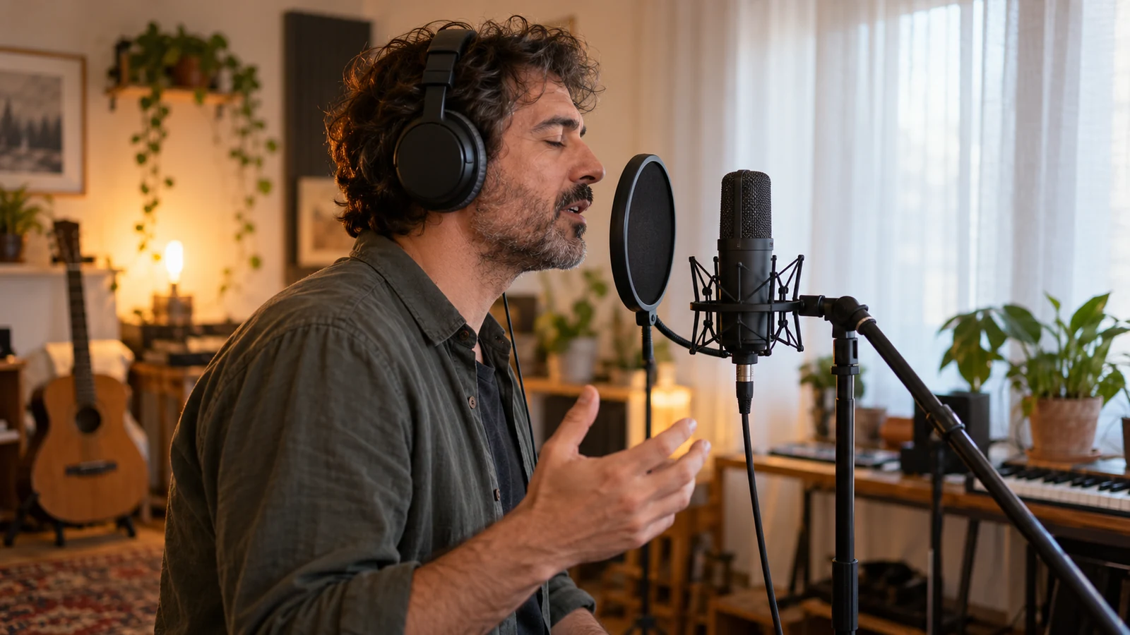 Hombre grabando voz con micrófono, filtro antipop y auriculares en casa.