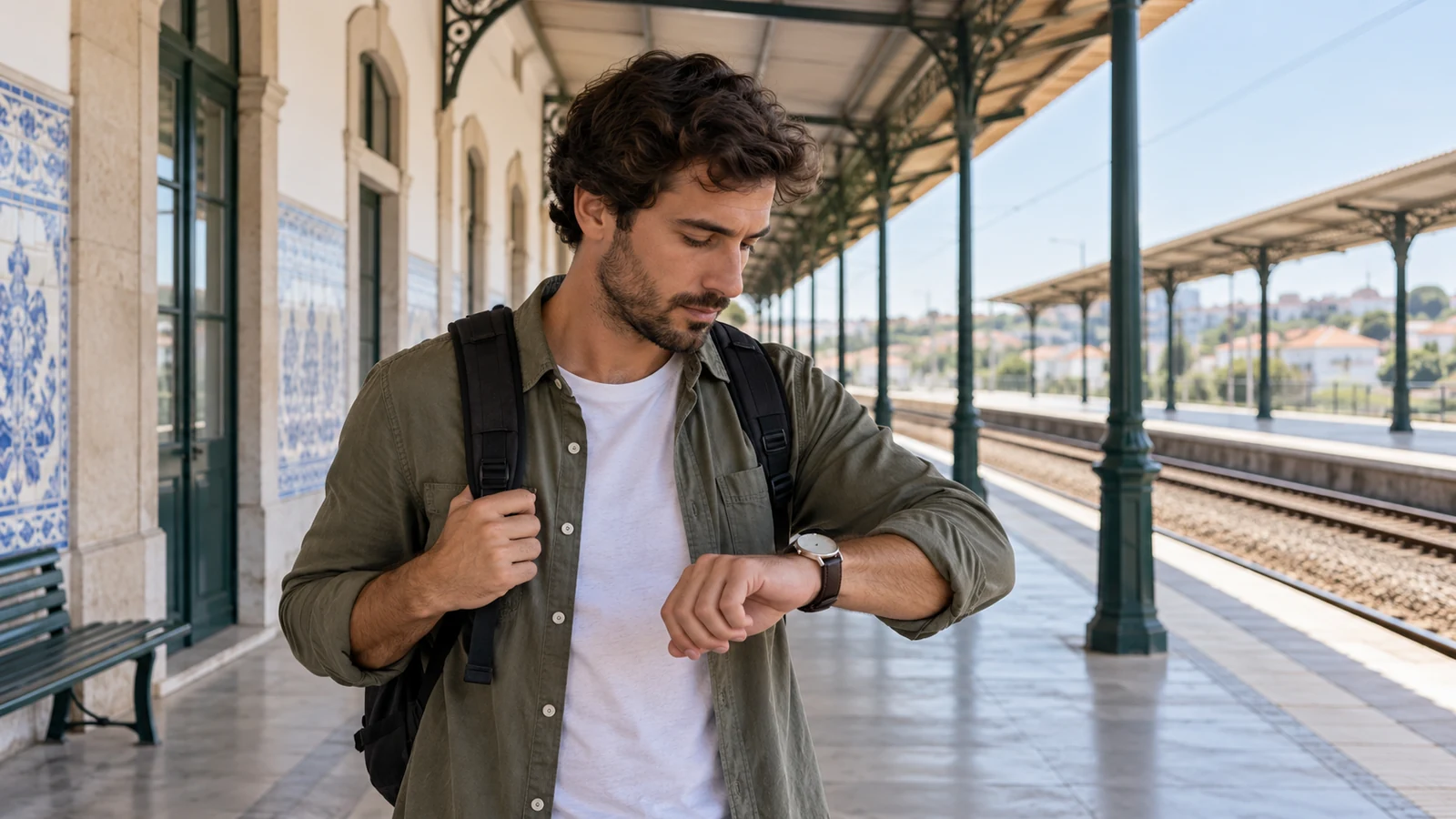 Un viajero consulta su reloj mientras espera en un andén de una estación.