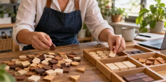 Persona clasificando piezas de madera en bandejas sobre una mesa.