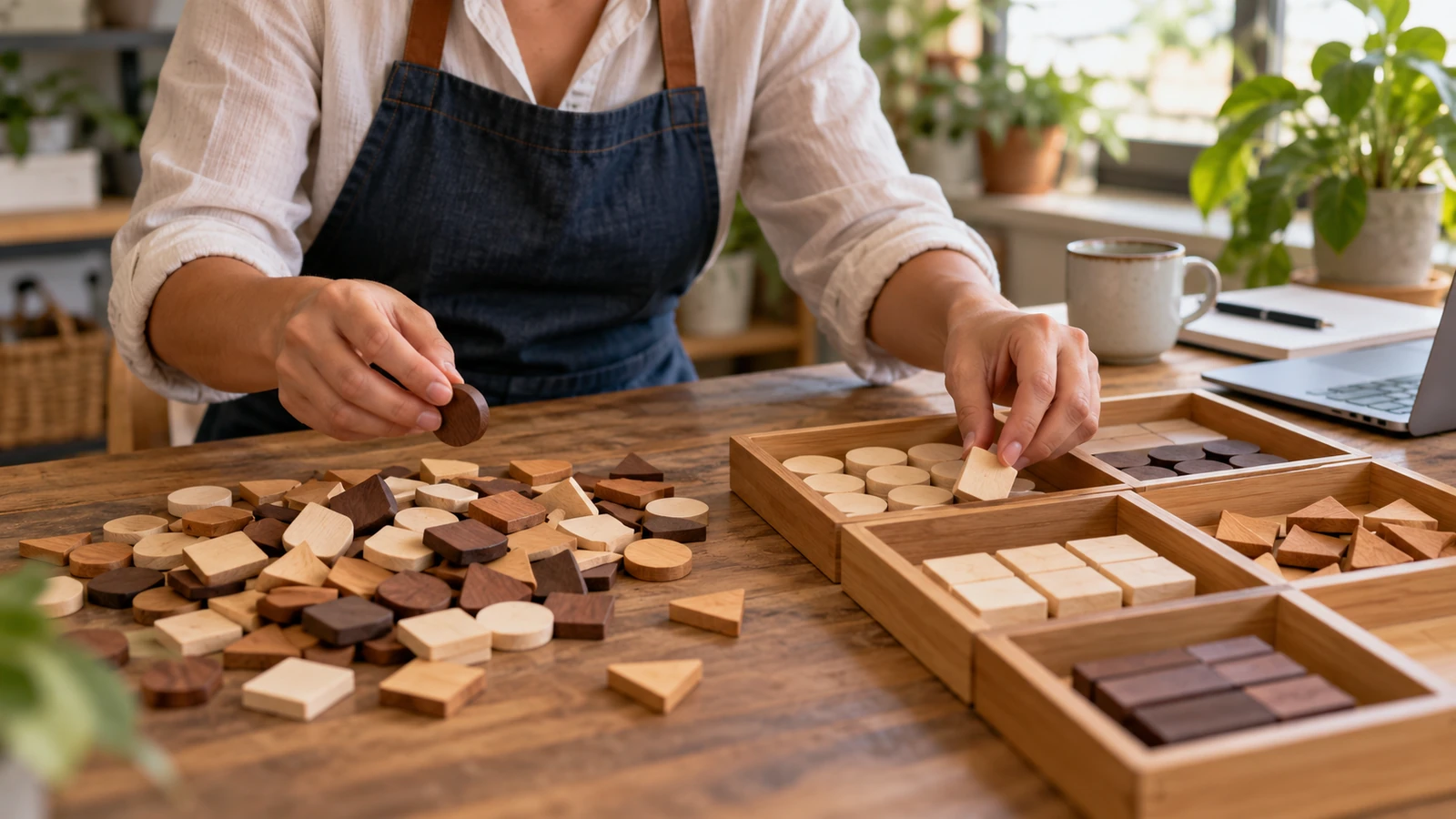 Persona clasificando piezas de madera en bandejas sobre una mesa.