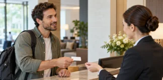 Una persona facilita sus datos en una recepción.