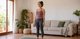 Mujer de pie sobre una esterilla en una postura de montaña cómoda