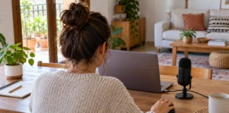 Configura el programa y guarda tu trabajo Persona que configura el equipo de grabación con un micrófono conectado al portátil.