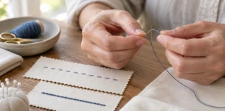 Practica las puntadas a mano que vas a utilizar Manos enhebrando una aguja junto a muestras de puntadas a mano.