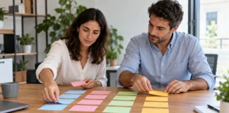 Dos personas organizando tarjetas de colores en grupos sobre una mesa.