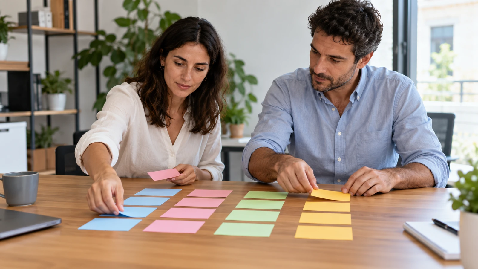 Dos personas organizando tarjetas de colores en grupos sobre una mesa.