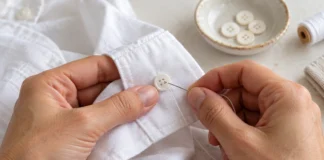 Manos que cosen un botón en el puño de una camisa blanca.