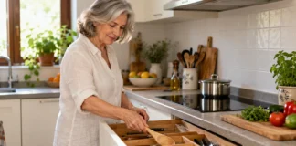 Mujer colocando utensilios en un cajón de cocina con compartimentos.