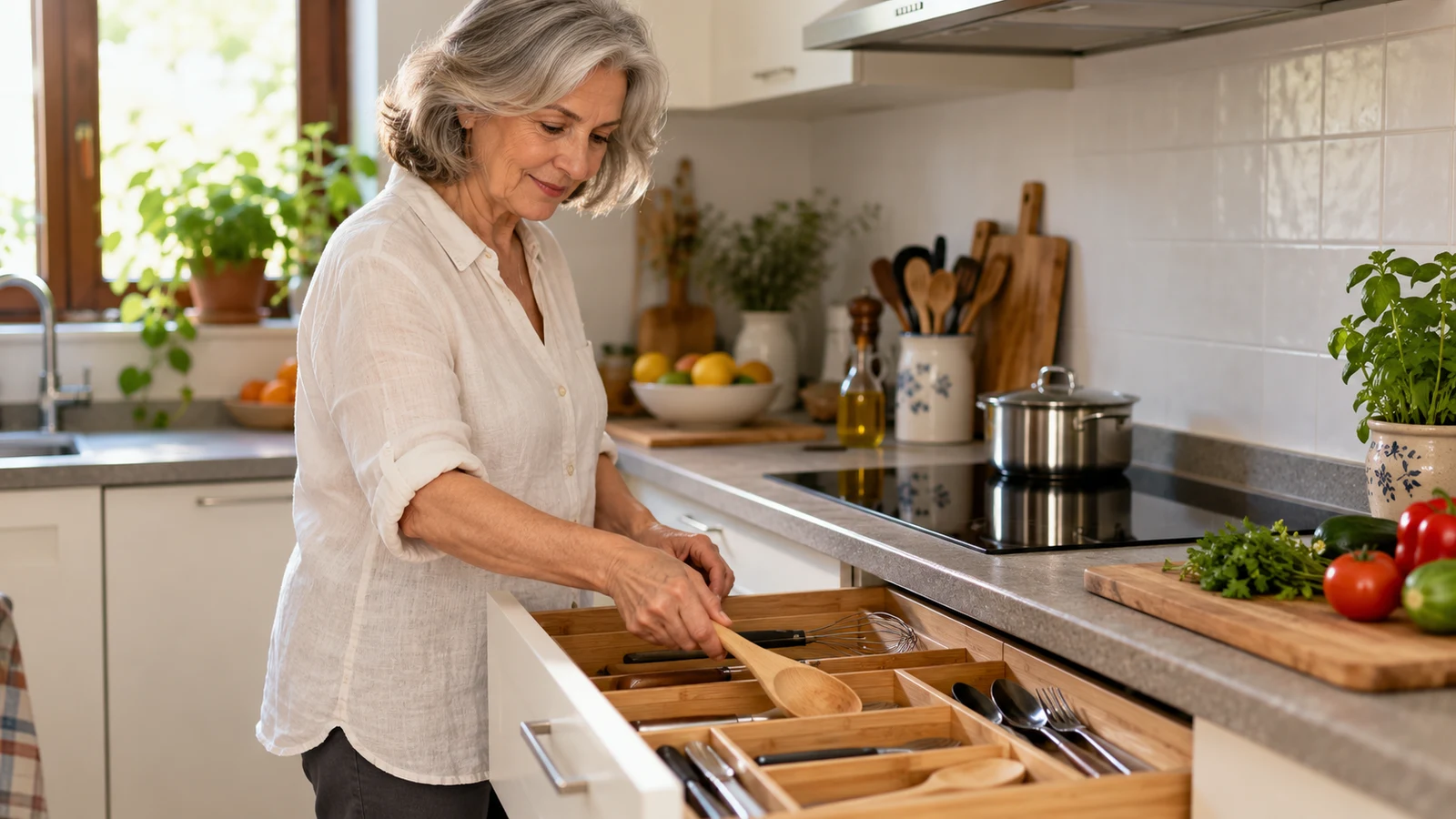 Mujer colocando utensilios en un cajón de cocina con compartimentos.