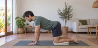 Hombre en cuatro apoyos con las rodillas sobre una manta y la espalda neutra