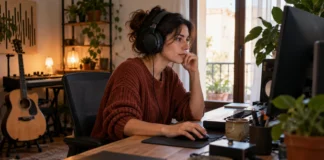 Editar audio sin perder naturalidad Mujer escuchando una grabación con auriculares junto al ordenador.