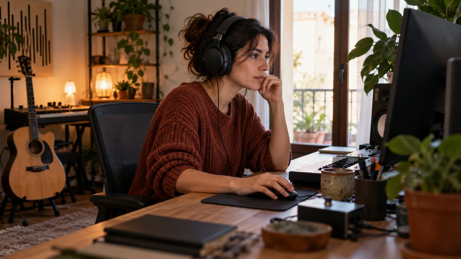 Mujer escuchando una grabación con auriculares junto al ordenador.