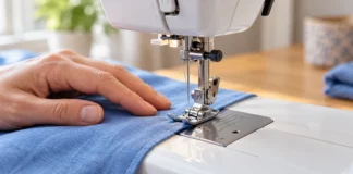 Pon a punto la máquina y controla la puntada recta Prensatelas de una máquina sobre dos capas de algodón azul.