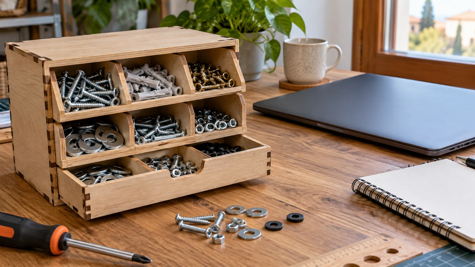 Organizador modular de piezas junto a un portátil
